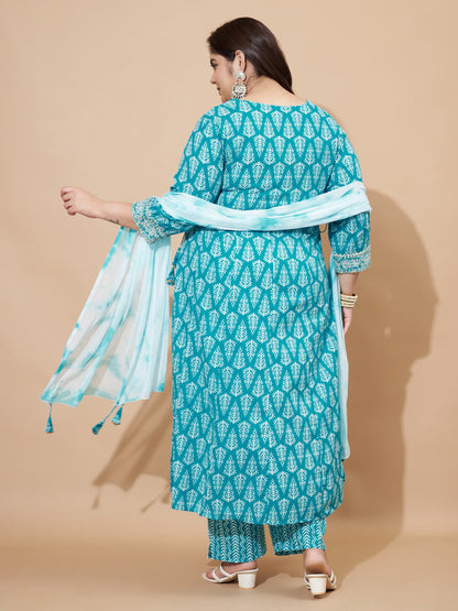 Sky Blue Embellished & Gotta Patti Lace A-Line Cotton Kurta Set