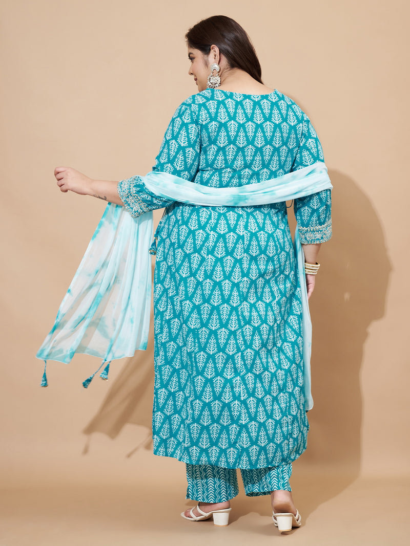 Sky Blue Embellished & Gotta Patti Lace A-Line Cotton Kurta Set