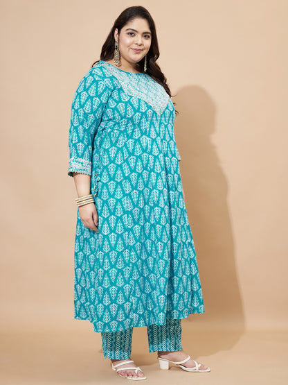 Sky Blue Embellished & Gotta Patti Lace A-Line Cotton Kurta Set