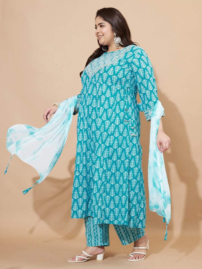 Sky Blue Embellished & Gotta Patti Lace A-Line Cotton Kurta Set