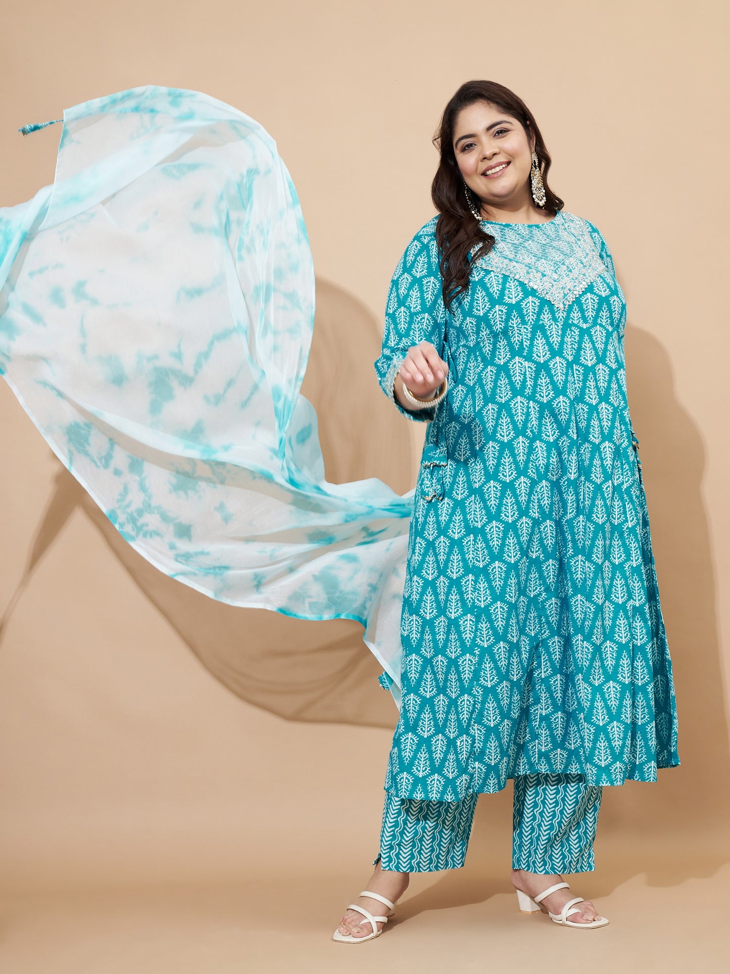 Sky Blue Embellished & Gotta Patti Lace A-Line Cotton Kurta Set