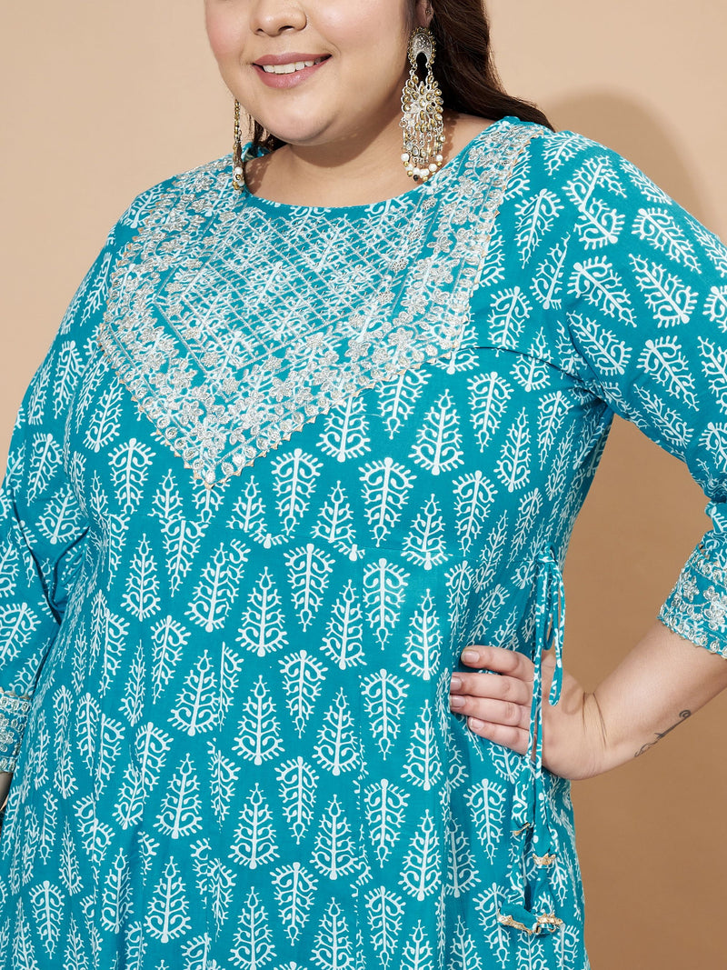 Sky Blue Embellished & Gotta Patti Lace A-Line Cotton Kurta Set