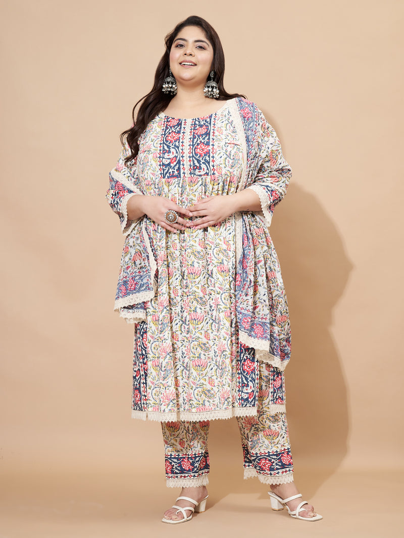 Beige And Blue Floral Printed Straight Cotton Kurta Set