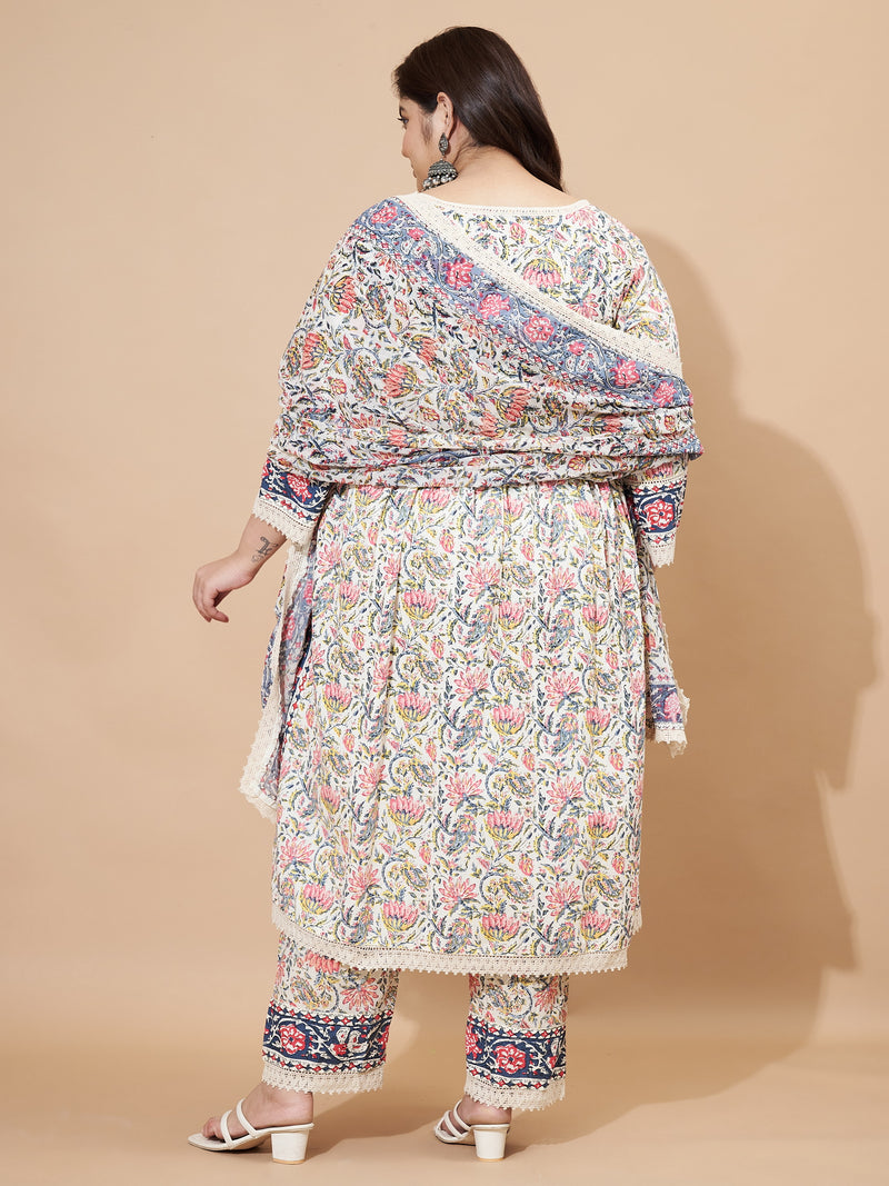 Beige And Blue Floral Printed Straight Cotton Kurta Set