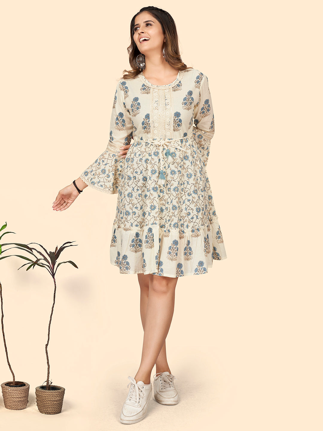 White Prited Flared Cotton Dress