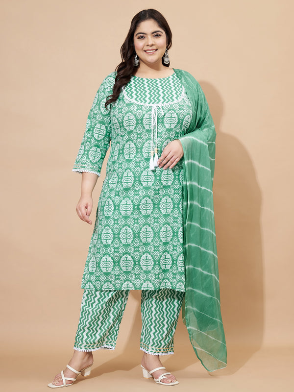 Sea Green Printed & Lace Work Straight Cotton Kurta Set