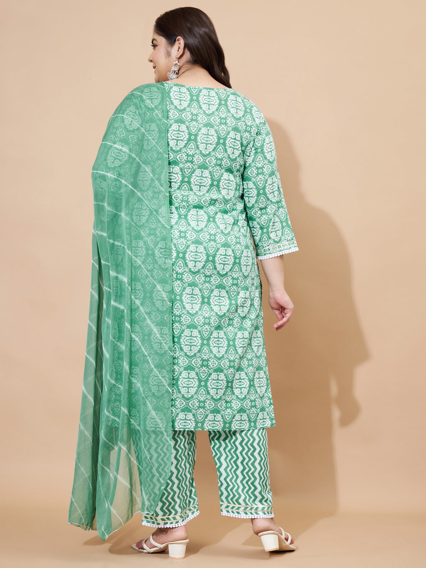 Sea Green Printed & Lace Work Straight Cotton Kurta Set