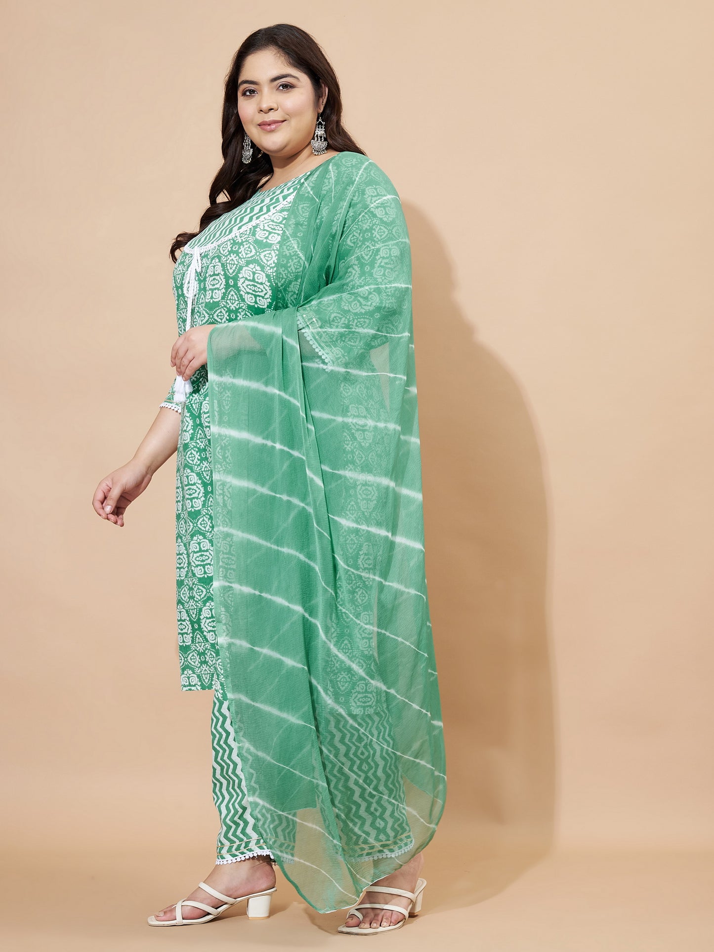 Sea Green Printed & Lace Work Straight Cotton Kurta Set