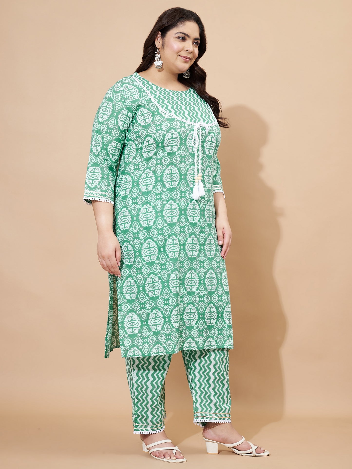 Sea Green Printed & Lace Work Straight Cotton Kurta Set