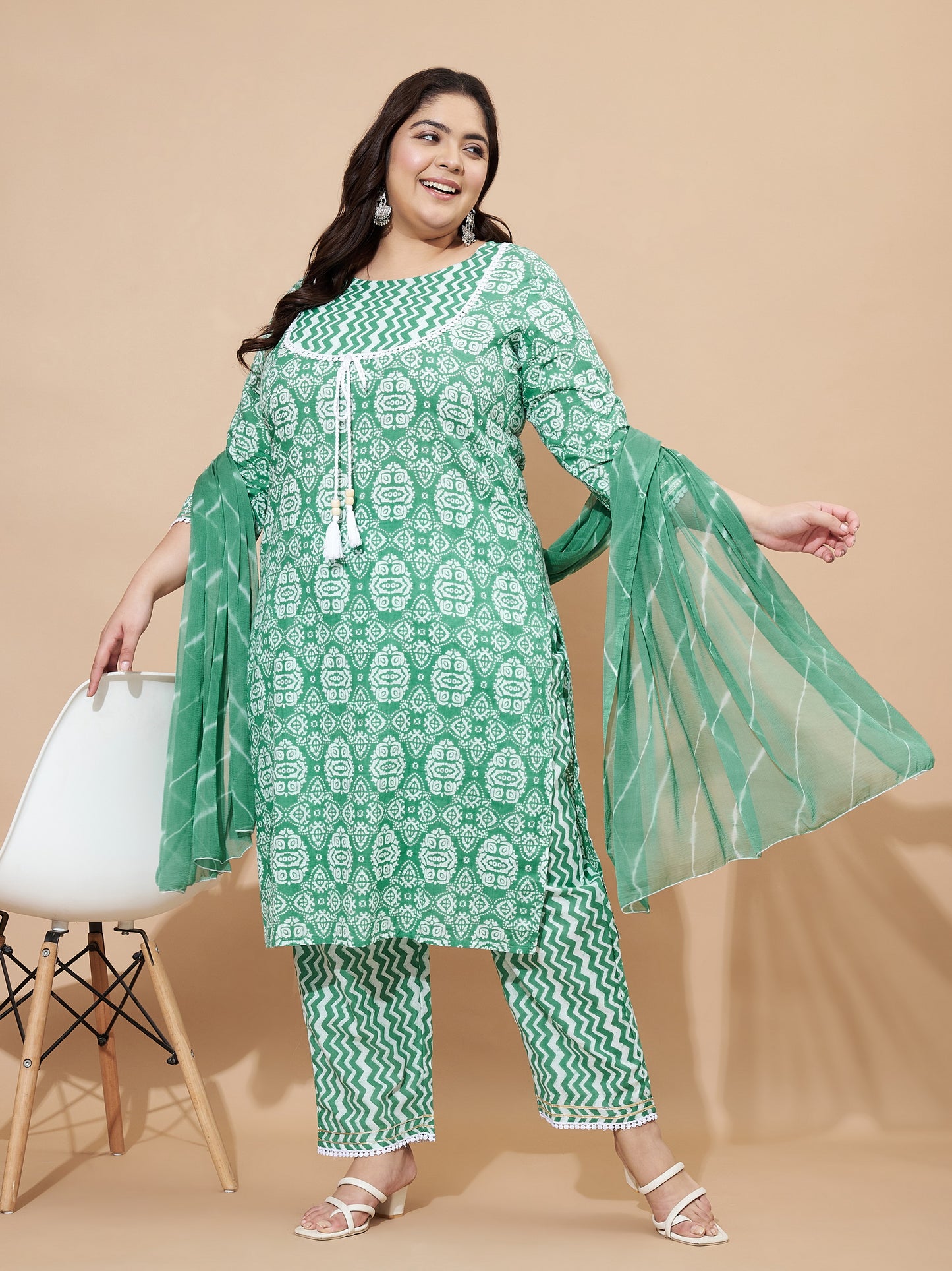 Sea Green Printed & Lace Work Straight Cotton Kurta Set