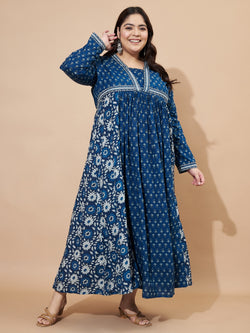 Blue Floral Print Anarkali Cotton Gown