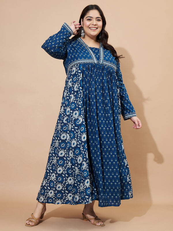 Blue Floral Print Anarkali Cotton Gown