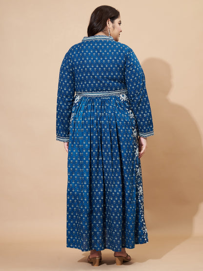 Blue Floral Print Anarkali Cotton Gown