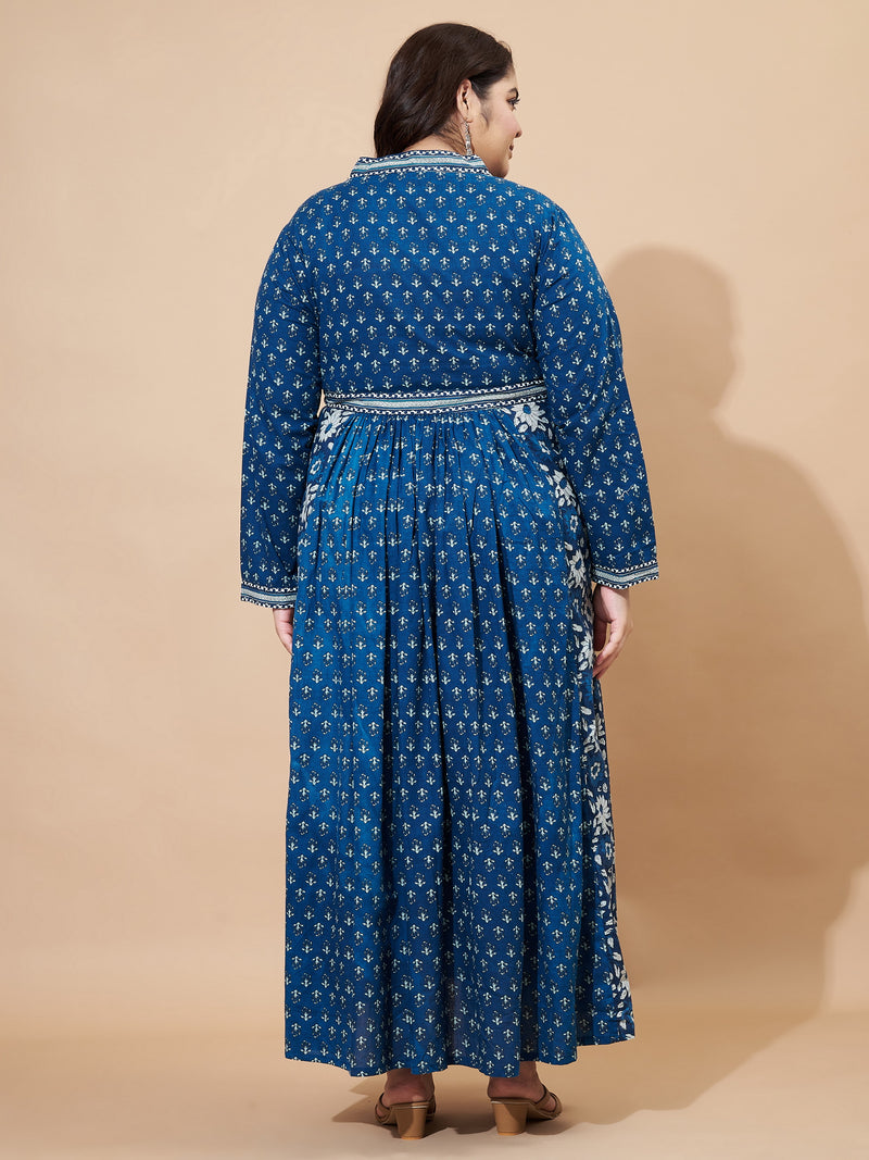 Blue Floral Print Anarkali Cotton Gown