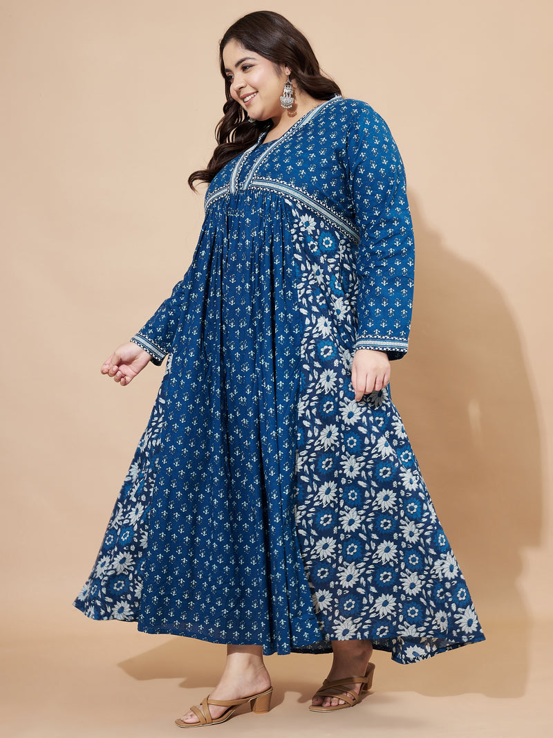 Blue Floral Print Anarkali Cotton Gown