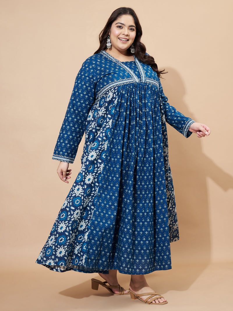 Blue Floral Print Anarkali Cotton Gown