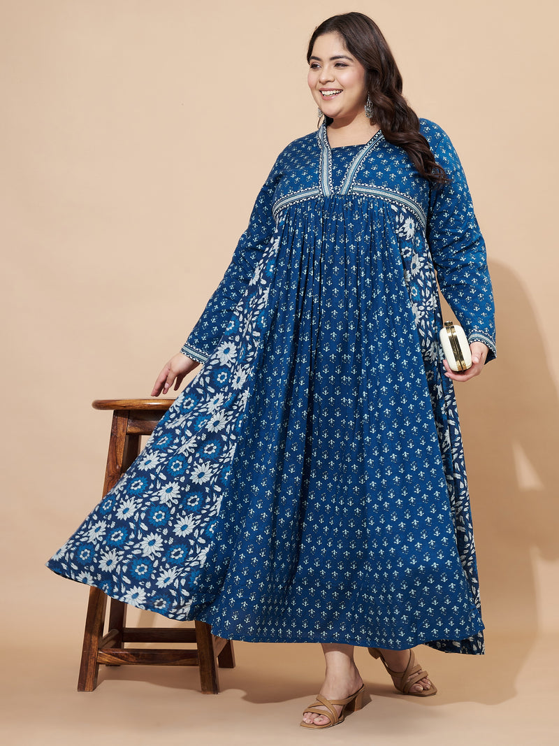 Blue Floral Print Anarkali Cotton Gown