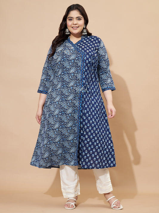 Blue Print & Hand Work A-Line Angrakha Cotton Kurta