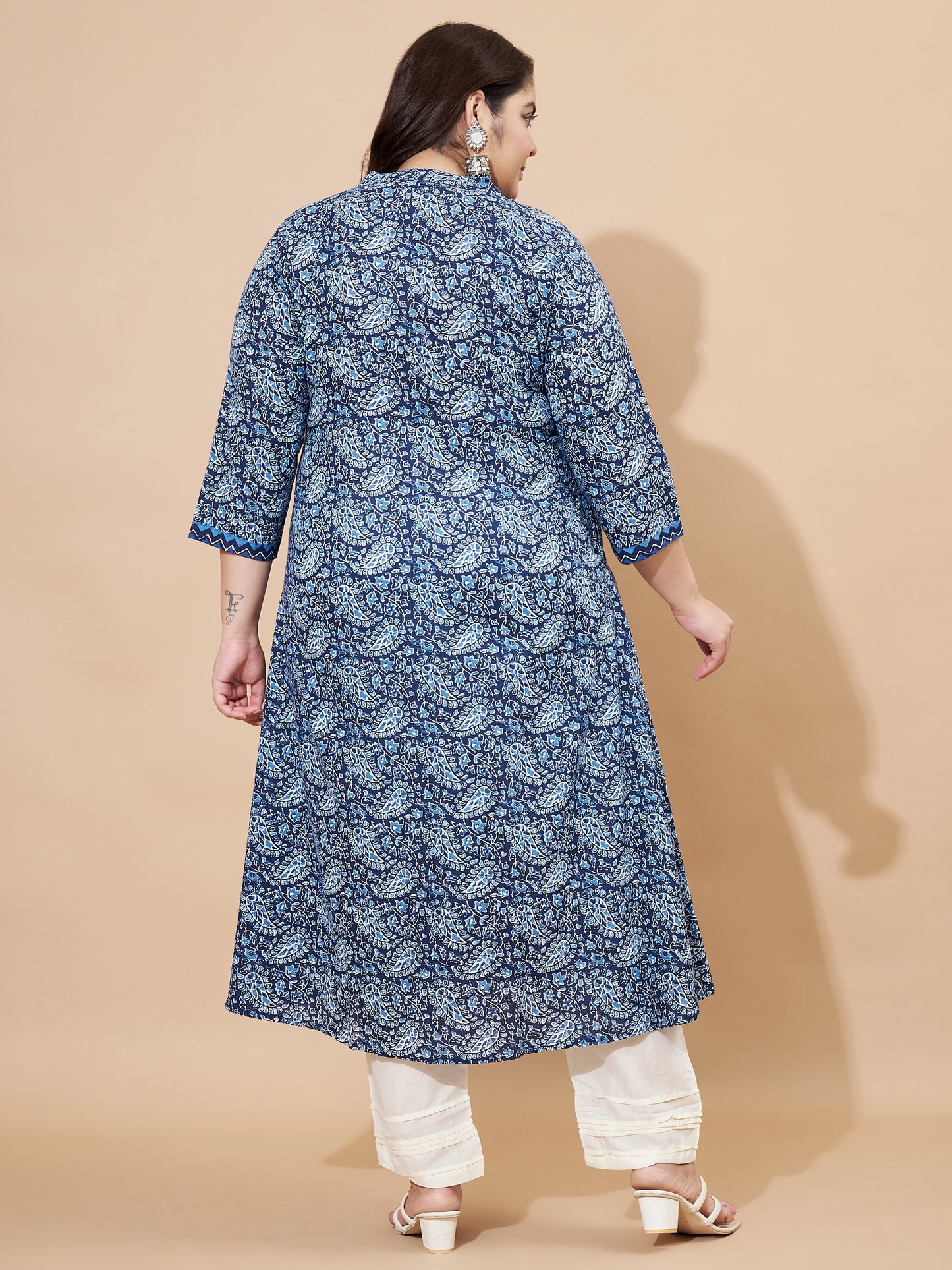 Blue Print & Hand Work A-Line Angrakha Cotton Kurta