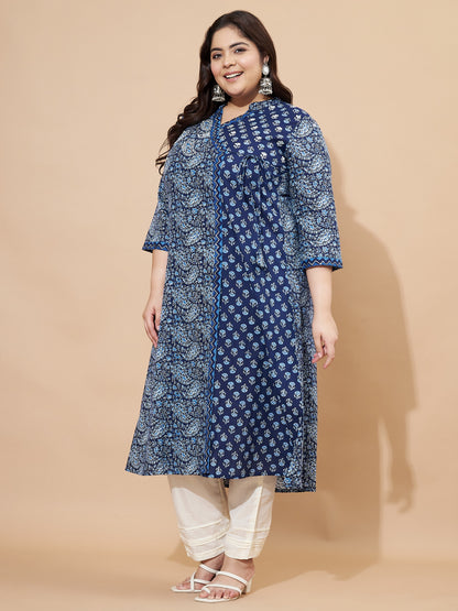 Blue Print & Hand Work A-Line Angrakha Cotton Kurta