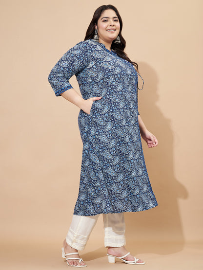 Blue Print & Hand Work A-Line Angrakha Cotton Kurta