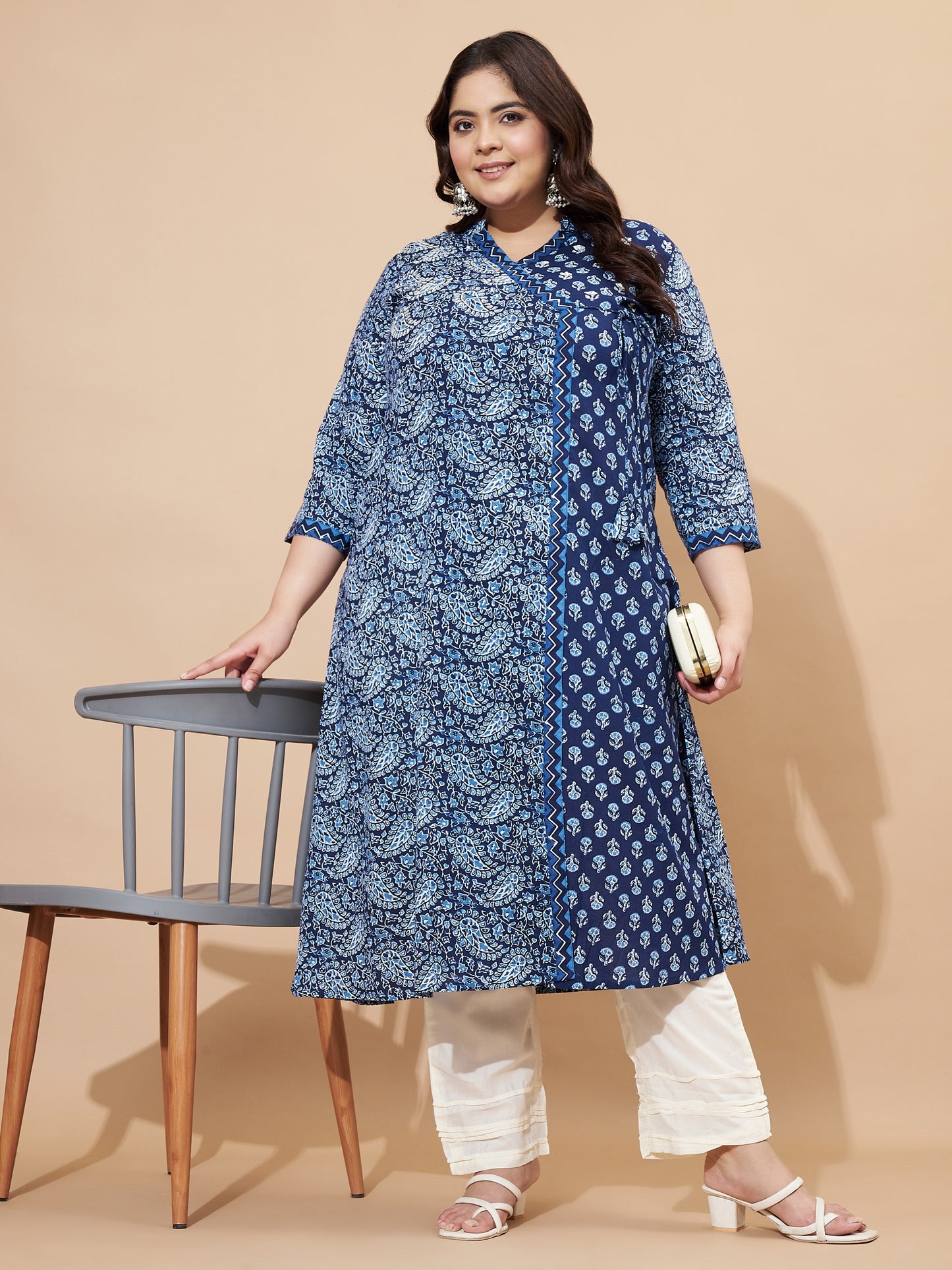 Blue Print & Hand Work A-Line Angrakha Cotton Kurta