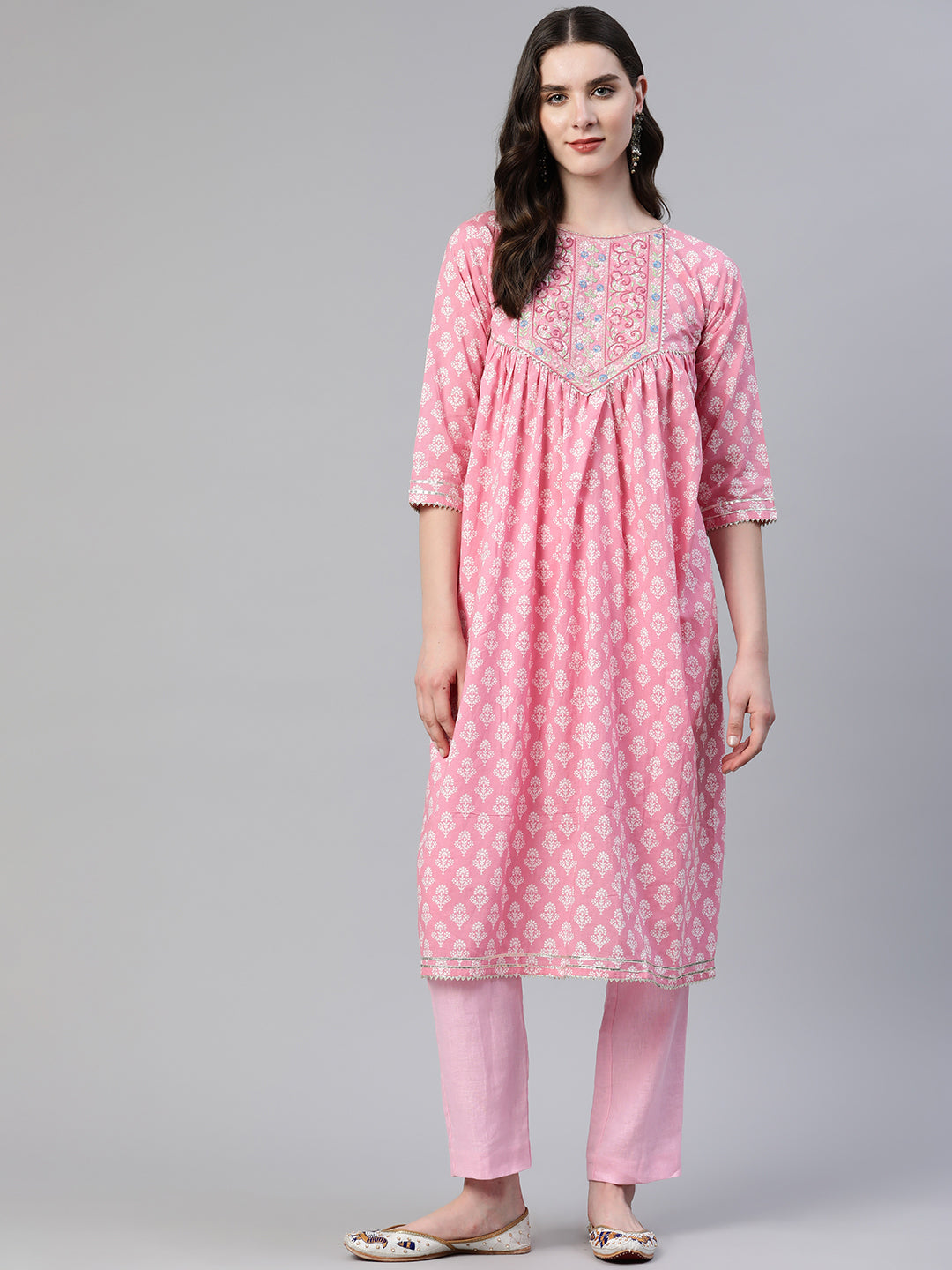 Pink Embroidered A-Line Cotton Kurta