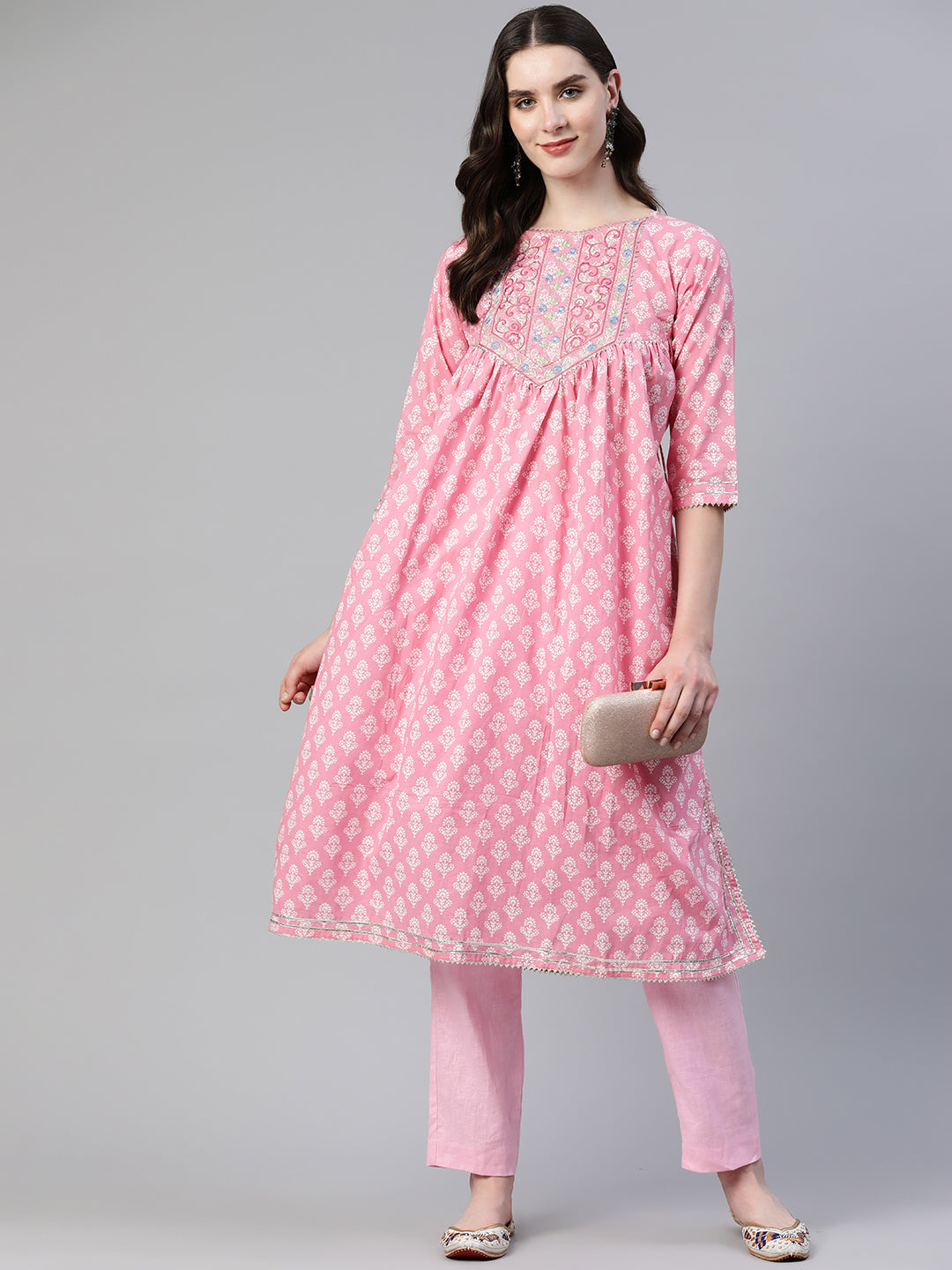 Pink Embroidered A-Line Cotton Kurta