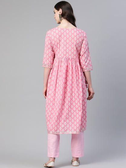 Pink Embroidered A-Line Cotton Kurta