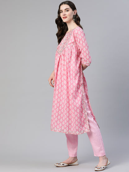 Pink Embroidered A-Line Cotton Kurta