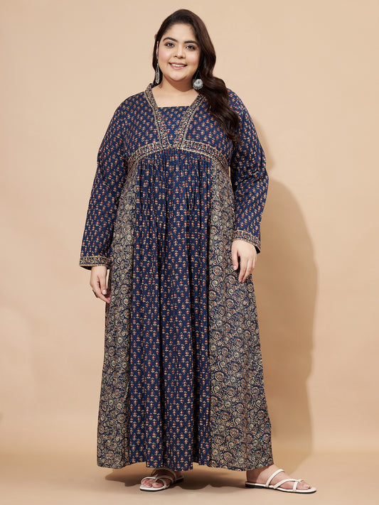 Navy Blue Floral Printed Anarkali Cotton Gown