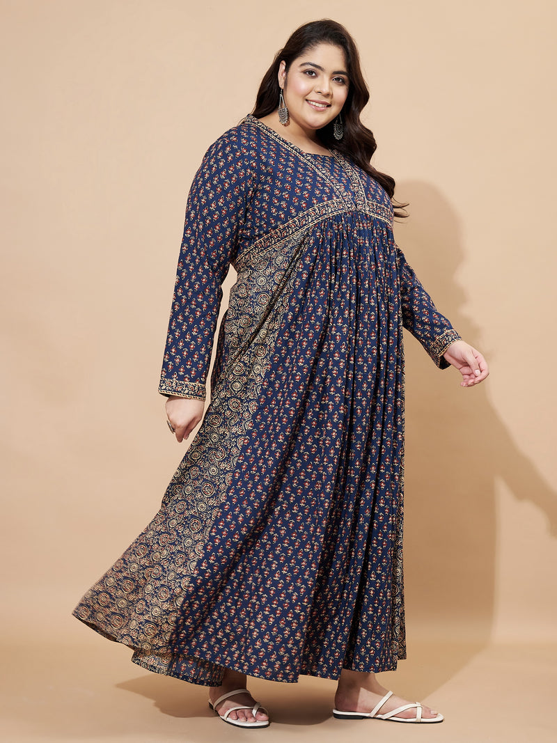 Navy Blue Floral Printed Anarkali Cotton Gown