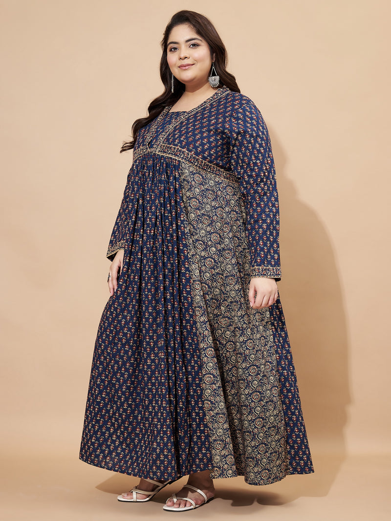 Navy Blue Floral Printed Anarkali Cotton Gown