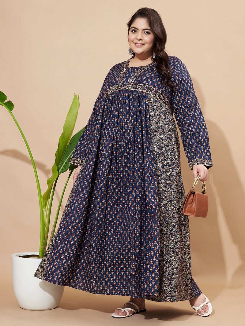 Navy Blue Floral Printed Anarkali Cotton Gown