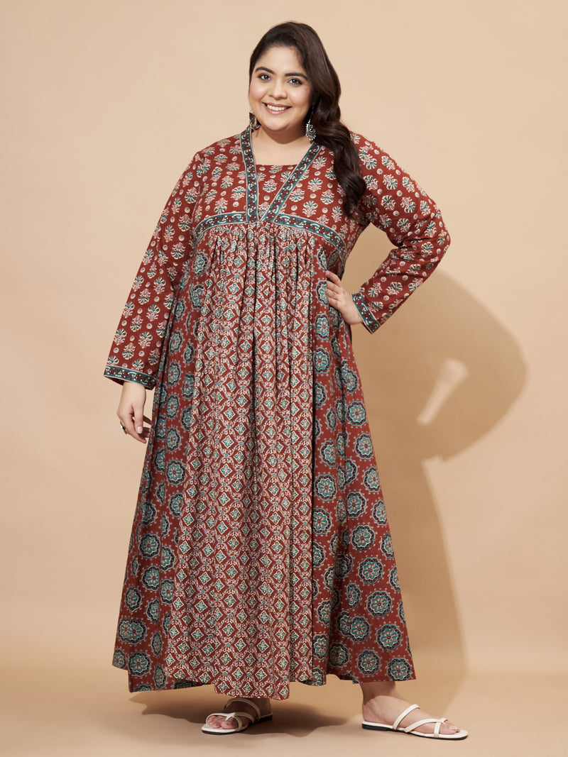 Brown Floral Print Anarkali Cotton Gown