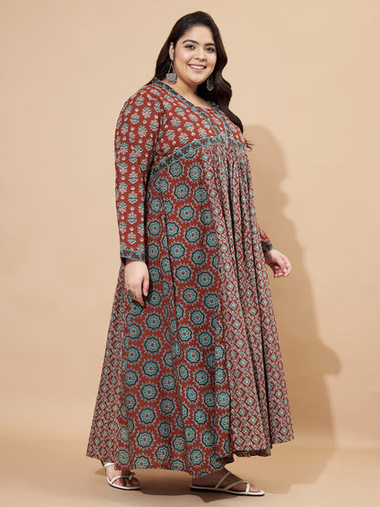 Brown Floral Print Anarkali Cotton Gown