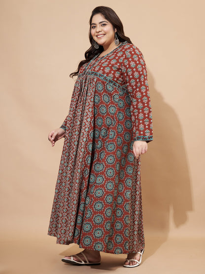 Brown Floral Print Anarkali Cotton Gown