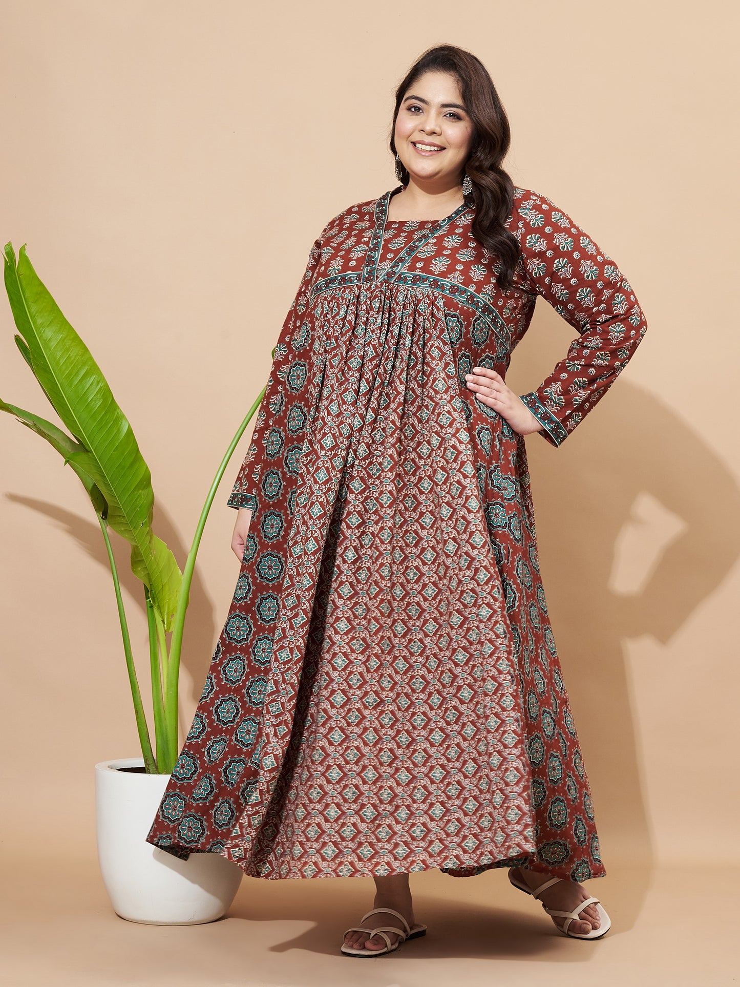 Brown Floral Print Anarkali Cotton Gown