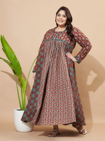 Brown Floral Print Anarkali Cotton Gown