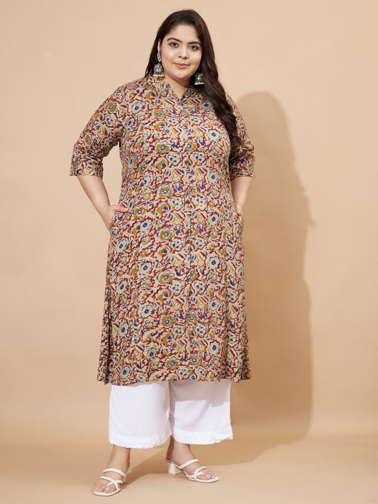 Beige Kalamkari Printed A-Line Rayon Stitched Kurta