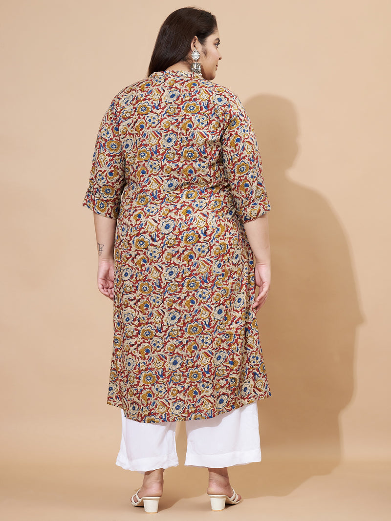 Beige Kalamkari Printed A-Line Cotton Stitched Kurta