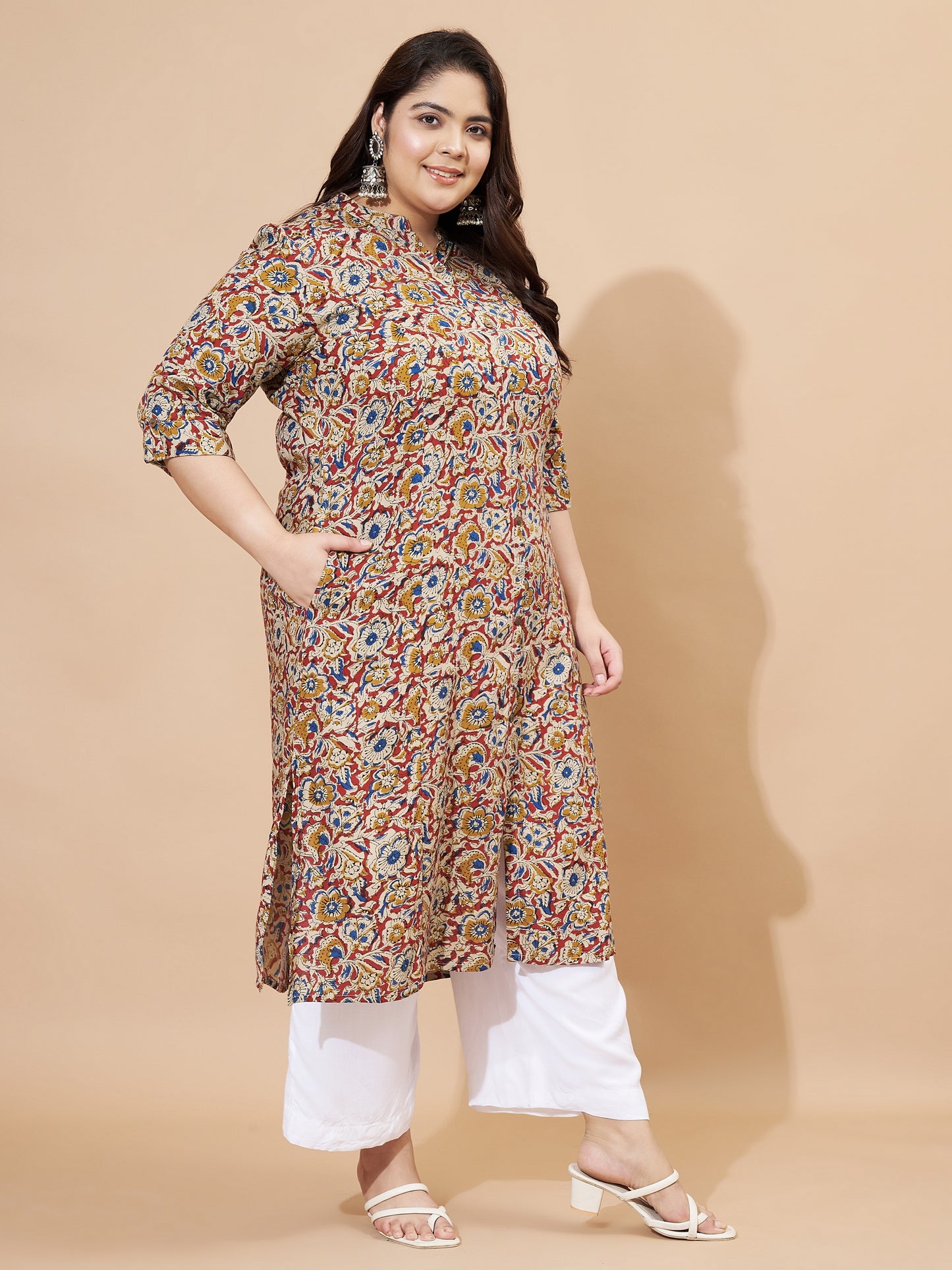 Beige Kalamkari Printed A-Line Rayon Stitched Kurta