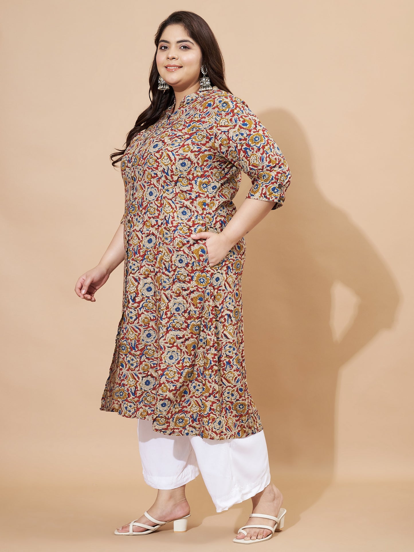 Beige Kalamkari Printed A-Line Rayon Stitched Kurta