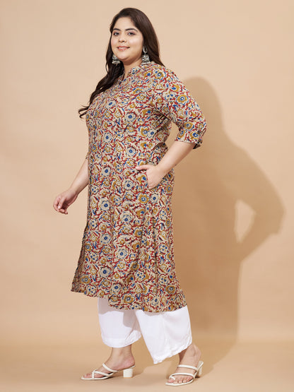 Beige Kalamkari Printed A-Line Rayon Stitched Kurta