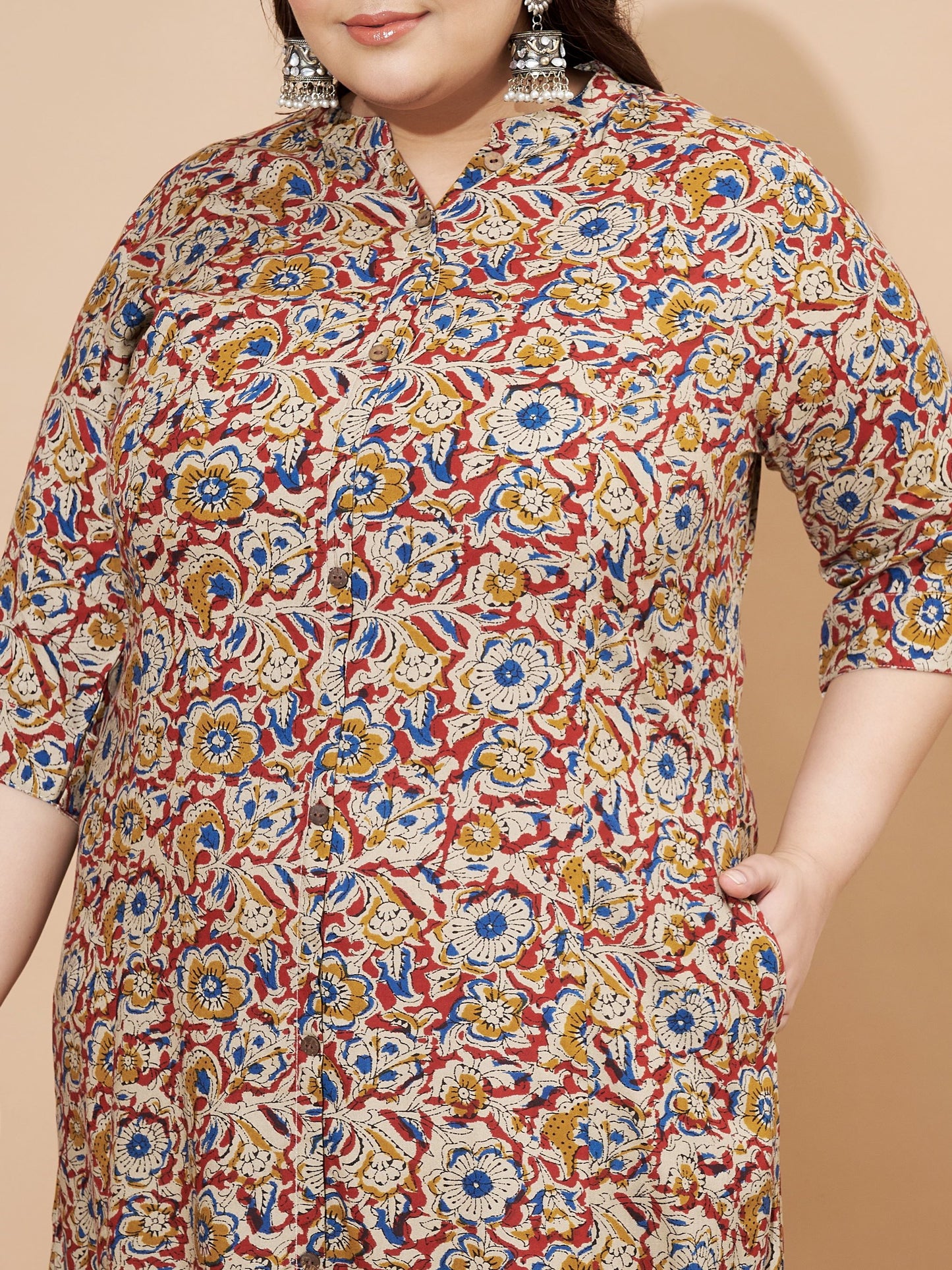 Beige Kalamkari Printed A-Line Rayon Stitched Kurta