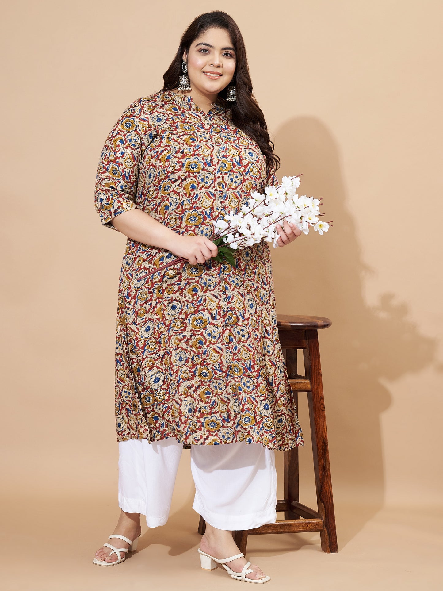 Beige Kalamkari Printed A-Line Rayon Stitched Kurta