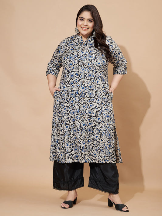 Blue Kalamkari Printed A-Line Rayon Stitched Kurta