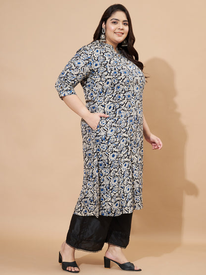 Blue Kalamkari Printed A-Line Rayon Stitched Kurta