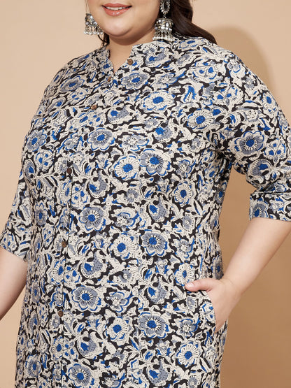 Blue Kalamkari Printed A-Line Rayon Stitched Kurta