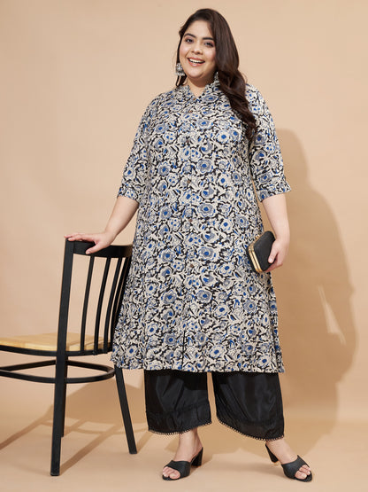 Blue Kalamkari Printed A-Line Rayon Stitched Kurta